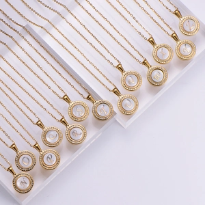 18K gold plated necklace with rhinestone round letter pendants on shell base