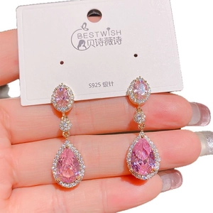Elegant S925 silver pink crystal drop earrings with pear-cut stones and halo accents