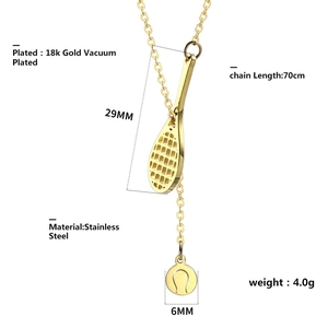 Detail of 18K gold-plated tennis racket pendant necklace with 70cm chain length specs