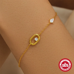 Geometric Oval Zirconia Bracelet 925 Sterling Silver Gold Plated Dainty Jewelry For Women
