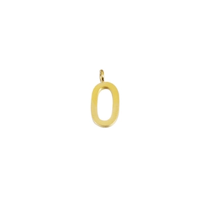 Detailed view of a golden stainless steel number 0 pendant with a top hanging loop