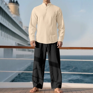 Men's linen beige long sleeve henley shirt and black drawstring pants vacation set
