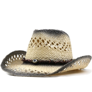 Western Cowboy Straw Hat Wide Brim Sun Protection Breathable Hollow Out Evil Eye Bead Decoration Outdoor Travel
