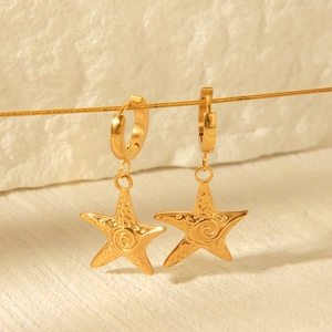 Elegant 18k gold starfish drop earrings in high-quality stainless steel marine style