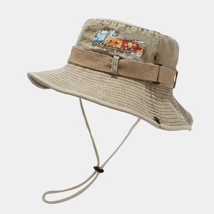 Kids vintage beige bucket hat with train embroidery and adjustable chin strap