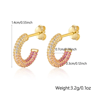 S925 silver C-shaped earrings with pink zircon, detailed size and weight dimensions