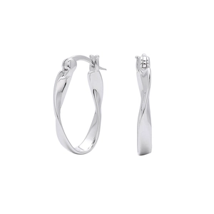 Macro detail of silver Mobius wave twist hoop earrings with polished metal texture