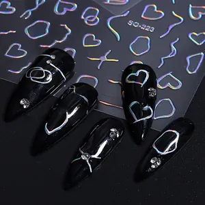 Macro view of 3D holographic silver heart nail stickers with metallic fluid lines on black nails