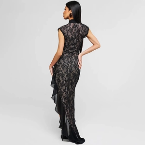 Elegant black mesh lace sleeveless evening dress with slim fit and asymmetrical ruffle hem
