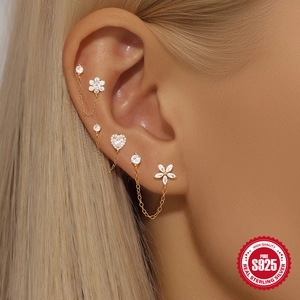 S925 sterling silver gold earrings with floral and heart zircon fringe chain charms