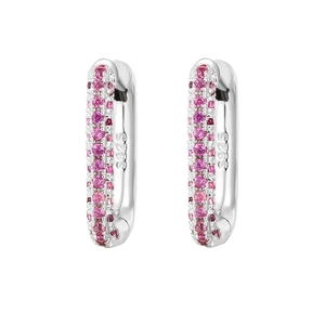 Detail showing S925 hallmark on silver hoop earrings with pavé pink gemstones