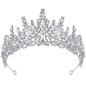 Detailed close-up of Baroque silver bridal crown featuring intricate rhinestone patterns