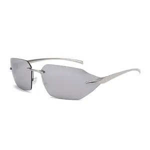 Modern rimless sunglasses with silver metal temples and translucent grey lenses