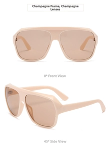 Champagne oversized wraparound sunglasses shown from front and 45-degree side view