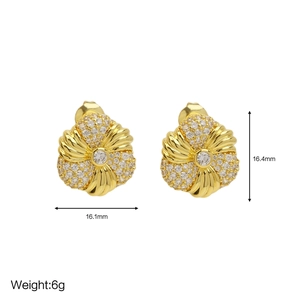 Elegant 18K gold plated flower stud earrings with clear crystals and dimensions shown