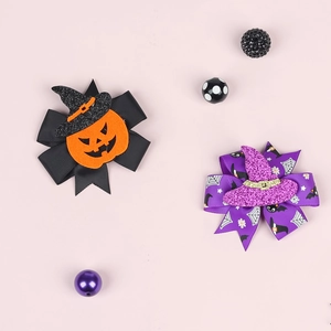Halloween pumpkin and witch hat hair bow clips set for kids on pink background