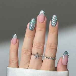Press On Nails Mermaid Shell Scales Texture Almond Shape Phantom Blue Silver French Tip Nude Pink Base Artificial Nails