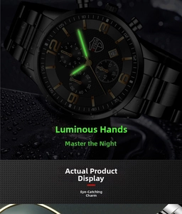 Detail of waterproof quartz watch featuring luminous hands and date display window
