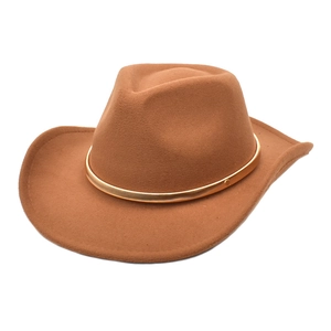 Close-up of brown wool felt cowboy hat featuring a decorative gold metal band