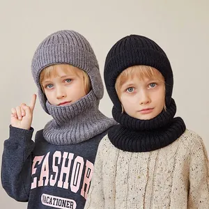 Kids Winter Knitted Hat And Neck Warmer Fleece Lined Ear Protection Thermal Balaclava Ribbed Outdoor For Boys Girls