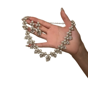 Elegant floral pearl necklace and earring jewelry set with sparkling silver metal finish