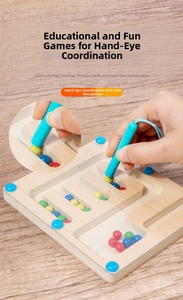Close-up of magnetic pen guiding colorful beads through wooden maze logic puzzle toy