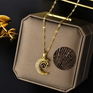 Titanium Steel Moon Projection Pendant Necklace For Women Gold Plated Rhinestone I Love You In 100 Languages Jewelry