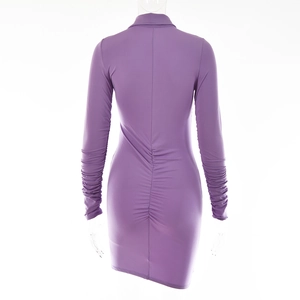 Rear view of purple ruched mini dress showing lapel collar and gathered back detail