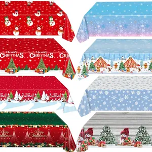 Christmas Tablecloth Waterproof PE Plastic Disposable Party Decoration Rectangular Snowflake Santa Snowman Pattern Festive