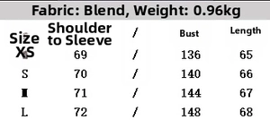Detailed size chart for women's jacket with faux fur collar and product fabric specifications