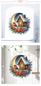 Winter cabin and bird decorative stickers applied on a bathroom tile wall and toilet cover