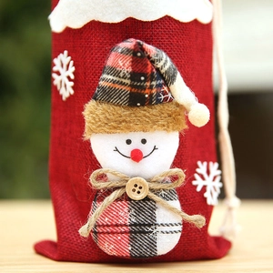 Christmas snowman burlap wine bottle bag with festive red fabric and white drawstring