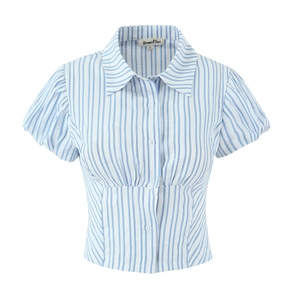 Women's blue and white striped short sleeve polo shirt with puff sleeves in flat lay