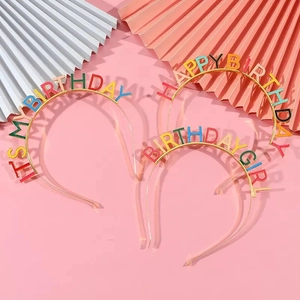 Golden Birthday headband set with colorful letters on festive pink background