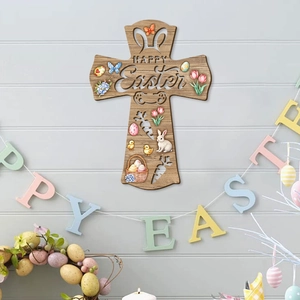 Easter wooden cross door sign with Happy Easter cutout and festive painted patterns