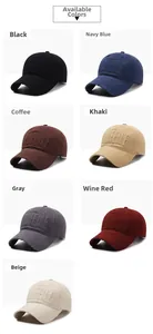 Grid display of baseball caps in seven colors featuring high-quality 3D letter embroidery