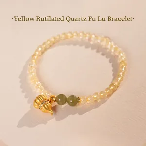 Perlenarmband Aus Gelbem Haarkristall Mit Vergoldetem Flaschenkürbis-Anhänger Und Grüner Jade Zirkon Akzent Elegant Chinesischer Stil Modeschmuck Für Damen