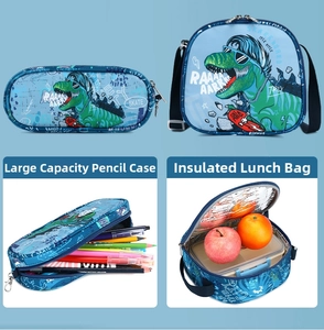 Detail of dinosaur print pencil case and insulated lunch bag with internal aluminum foil
