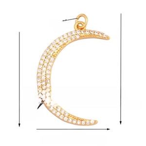 Detailed dimensions of gold crescent moon pendant with white zircon stones inlay