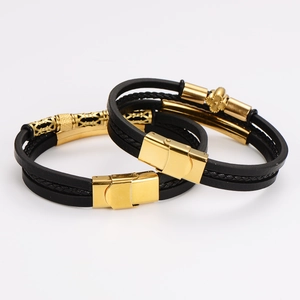 Men's double-layered braided black leather bracelet with polished gold metal clasps