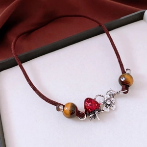 Tiger's Eye Gemstone Necklace Alloy Flower Enamel Strawberry Pendant Hand-woven Brown Cord Vintage For Women