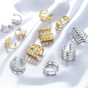 Multi Layer C-Shaped Ear Cuffs Brass Colorful Zirconia Hollow Leaf Star Design Non Piercing Jewelry For Women