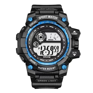 Waterproof digital sports watch for men with black resin strap and blue accents