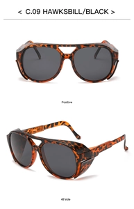 Macro detail of tortoiseshell pilot sunglasses featuring protective side shields and dark lenses
