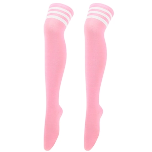 Detail of pink thigh high stockings with white triple stripes and soft knit texture