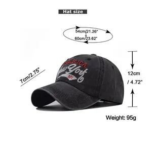 Size chart showing adjustable circumference and height for the washed cotton baseball cap
