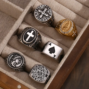 Men's retro 18K gold and silver stainless steel rings with cross and caesar portraits