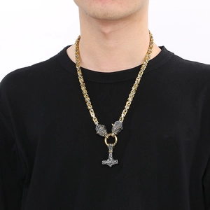 Men's Nordic Viking Thor's Hammer necklace with wolf heads on Byzantine chain