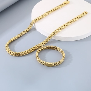 Detail of 10mm gold-plated stainless steel woven chain necklace and bracelet set