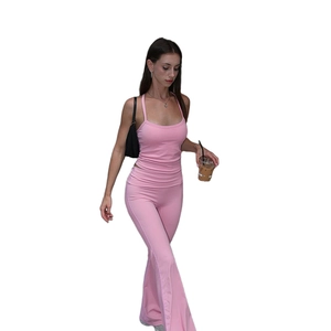 Pink slim fit camisole and flared trousers set for women in high elastic knit fabric